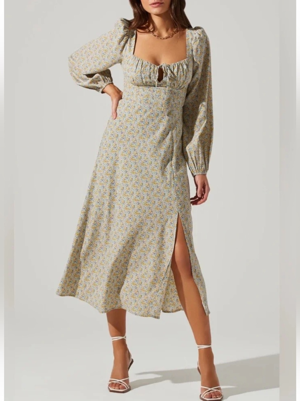 ASTR the Label Floral Square-Neck Midi Dress-Long Sleeve-NWT